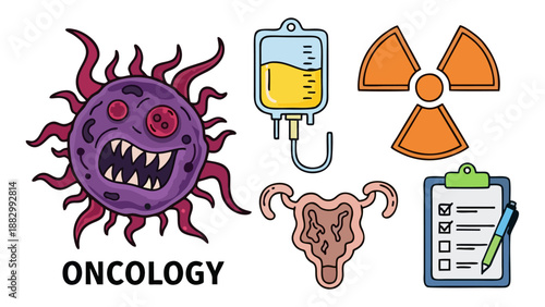 Oncology Treatment Icons Set Cancer Cell IV Drip Radiation and Medical Checklist for Health Concepts