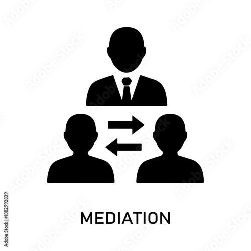Mediation icon representing conflict resolution and communication between three people, showing a process of negotiation