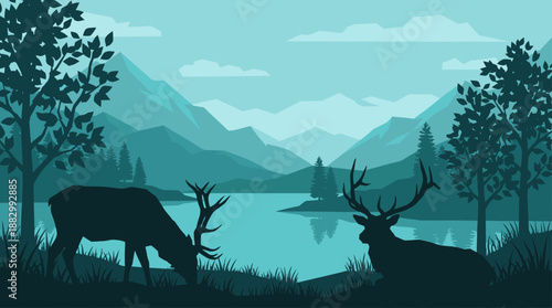Minimalist Landscape Vector Illustration of Deer by a Lake in Flat Design Style