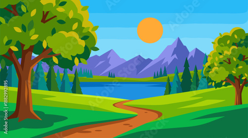 Flat Design Vector Illustration of a Peaceful Mountain Landscape with Lake and Path