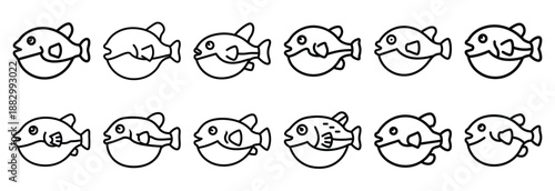 Collection of  pufferfish inflate defense  line art icons on white background. Set of animal linear symbols. Vector illustration.