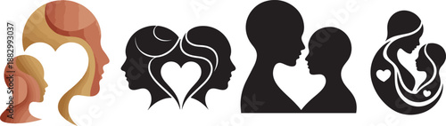 Abstract female silhouettes with heart symbol, women identity and empowerment concept