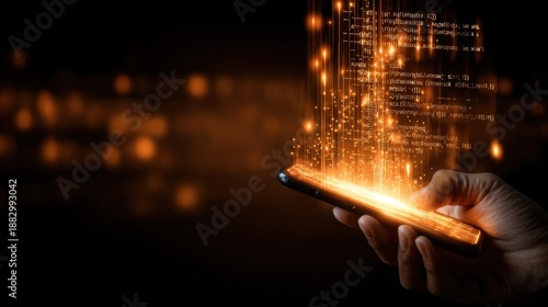 Hand Holding Smartphone with Glowing Digital Code Background Depicting Innovation and Technology in Modern Communication World