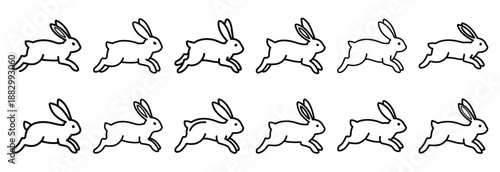 Collection of  rabbit hopping  line art icons on white background. Set of animal linear symbols. Vector illustration.