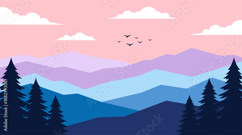 Minimalist Landscape Vector Illustration of Blue Mountains with Pine Trees and Pink Sunset Sky