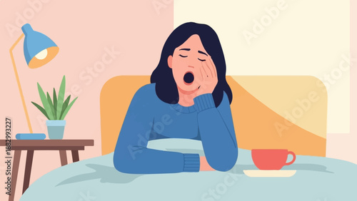 Tired woman in bed yawning, next to a lamp, plant, and coffee cup