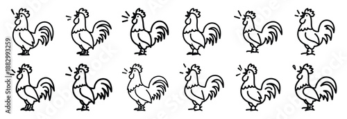 Collection of  rooster crowing  line art icons on white background. Set of animal linear symbols. Vector illustration.