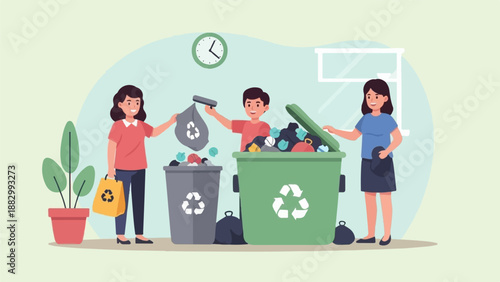 Three people sorting trash and recycling with bins, plant and clock