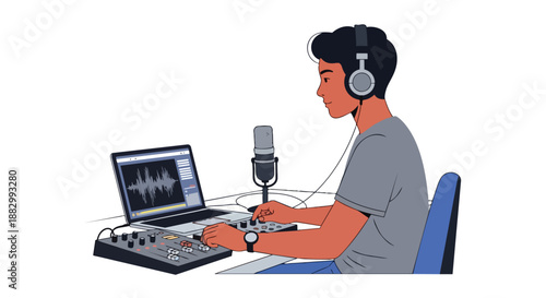 Dynamic audio producer engaged in creative content development using digital sound engineering tools