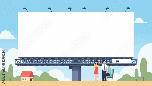 Three people stand before a large blank billboard with a small house nearby