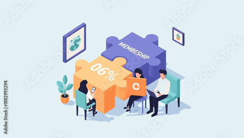 Three people collaborate on a puzzle representing membership and a percentage