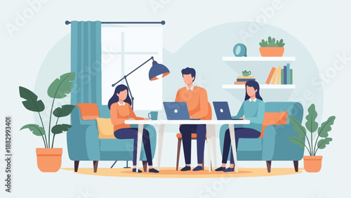 Three people work on laptops at a table in a brightly lit room