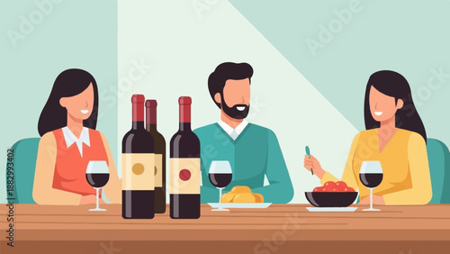 Three people enjoy a meal with wine, a man and two women at a table