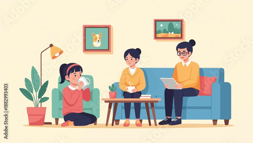 Three people enjoying drinks, a tablet, and artwork in a cozy living room