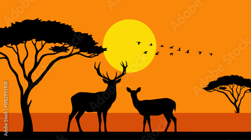 African Savanna Sunset Landscape with Deer Silhouettes Vector Illustration and Flat Design