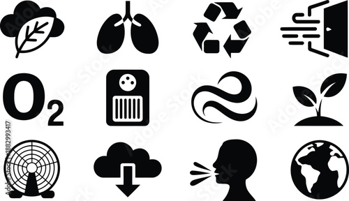 A versatile collection of black silhouette icons depicting environmental well being and clean air solutions