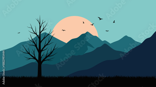 Minimalist Landscape Vector Illustration of Blue Mountains and Sun in Flat Design