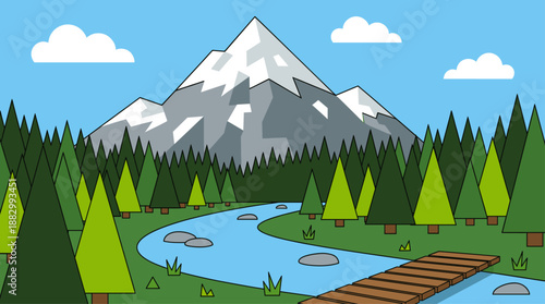 Mountain Landscape Vector Illustration with Pine Forest and River in Flat Design Style