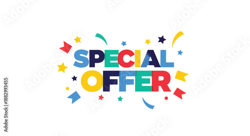 Vibrant 'Special Offer' text in bold, multi-colored letters with playful confetti, perfect for dynamic sales promotions and attracting customer