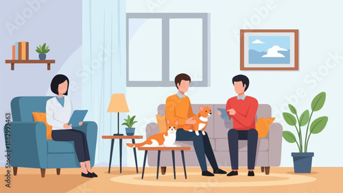 Therapy session with two men and their pets, with a therapist present