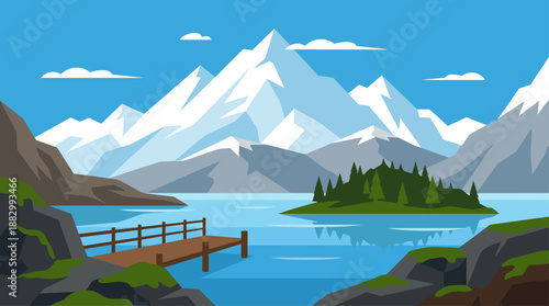 Flat Design Vector Illustration of a Serene Mountain Landscape with Lake and Wooden Pier