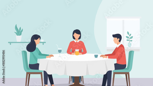 Three people gathered around a table for a meal