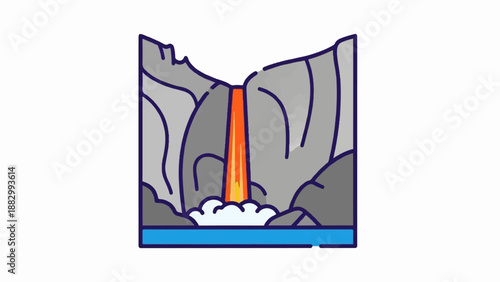 Stylized waterfall cascading between rocky cliffs into water