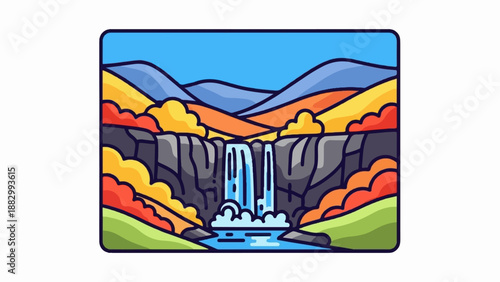 Stylized waterfall cascades down rocky cliffs amid colorful autumn foliage and distant mountains