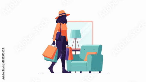Stylized woman with hat and shopping bags in a room with furniture