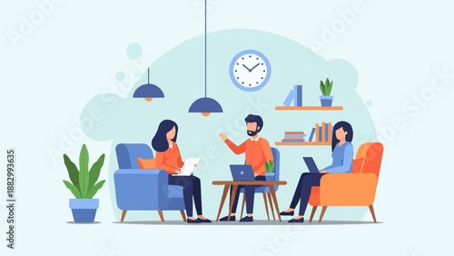 Three people in a casual meeting using laptops and discussing ideas