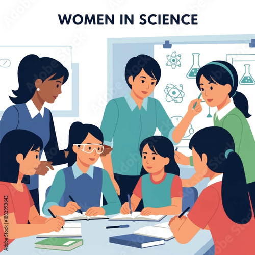Diverse women in science discussion.