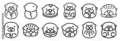 Collection of  sea otter shell  line art icons on white background. Set of animal linear symbols. Vector illustration.