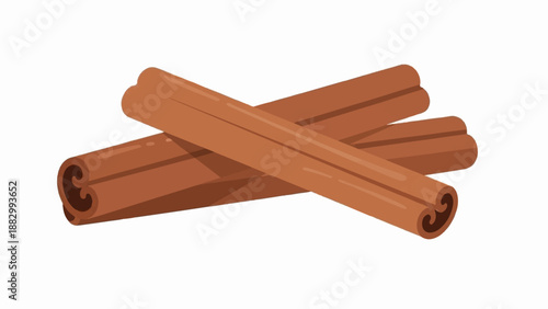 Three brown cinnamon sticks crossed over white background
