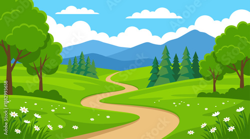 Summer Landscape Vector Illustration with Winding Path Mountains and Flat Design Green Fields