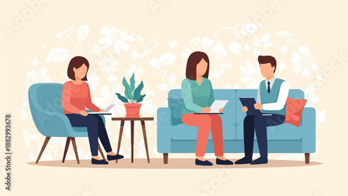 Three people in a comfortable room with blue furniture and floral wallpaper