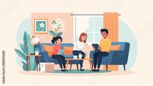 Three people in a cozy living room, conversing and relaxing on a sofa
