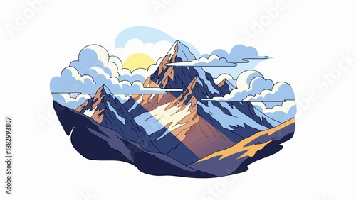 Stylized mountain peaks piercing through clouds with a warm sun