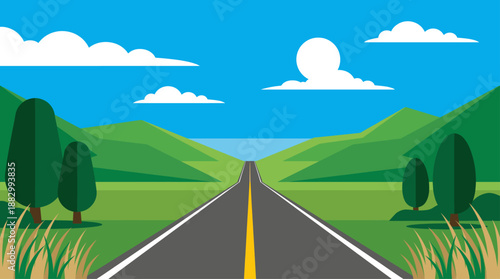 Flat Design Vector Illustration of a Scenic Highway Road Through Green Mountains