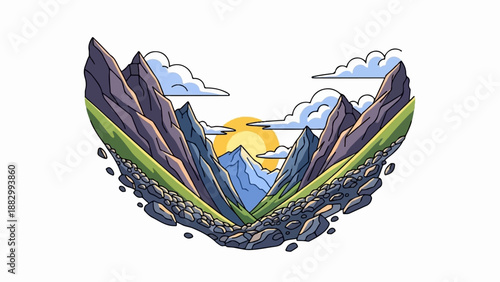 Stylized mountain valley vista at sunrise with puffy clouds