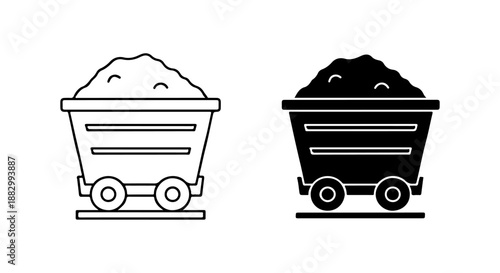 Two simplified, stylized icons depicting mining carts filled with coal, one in outline and the other in solid black