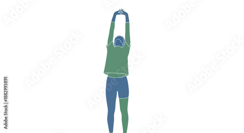 Vibrant graphic illustration of a person engaging in a full body stretch, arms reaching high overhead, promoting wellness and physical flexibility