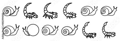 Collection of  snail spiral shell  line art icons on white background. Set of animal linear symbols. Vector illustration.