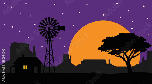 Minimalist Illustration of a Desert Landscape with Windmill and Sunset in Flat Design Vector