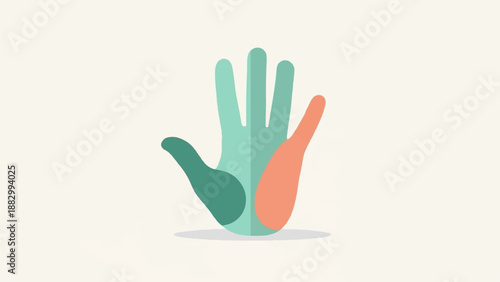 Stylized hand with five fingers in muted green, teal, and coral tones