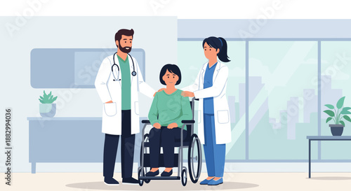 Doctor and nurse assisting patient in wheelchair for promoting accessibility and compassionate care in healthcare settings