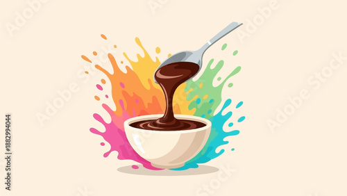 Spoon pouring liquid chocolate into a bowl with colorful splashes