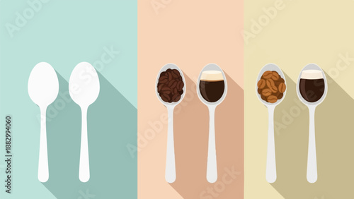 Spoons showing different coffee types beans, dark, and light roasts
