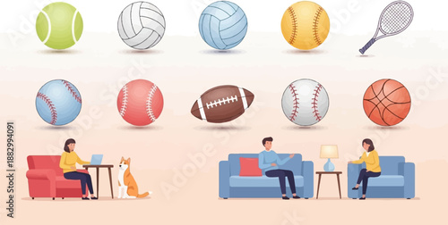 Sports balls and people relaxing indoors