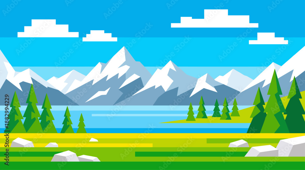 Fototapeta premium Minimalist Mountain Landscape with Blue Lake and Evergreen Forest Vector Illustration Flat Design