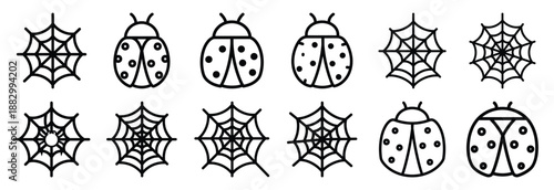 Collection of  spider web build  line art icons on white background. Set of animal linear symbols. Vector illustration.